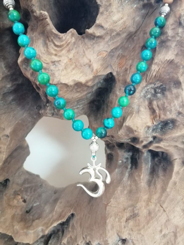 Mâlâ 8mm Chrysocolle-Bois de Santal Pendentif argent